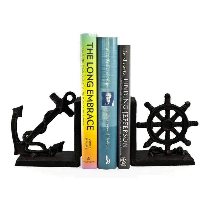Nautical Anchor And Ship's Wheel Iron Bookend Set