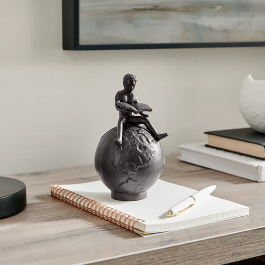 Brown Cast Iron Boy Reading on Globe Sculpture - Tabletop Desk Ornament or Decorative Paperweight