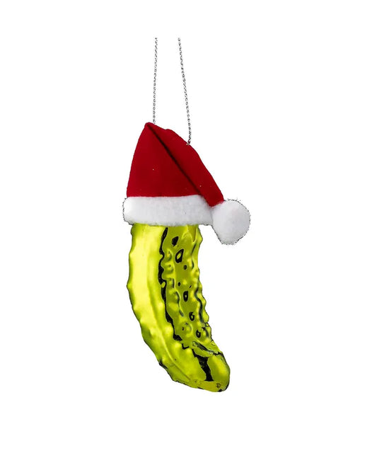 Pickle In Santa Hat Glass Ornament