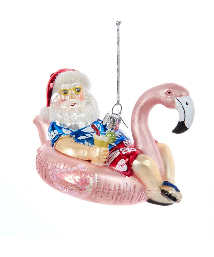 Glass Santa In Flamingo Pool Float Ornament