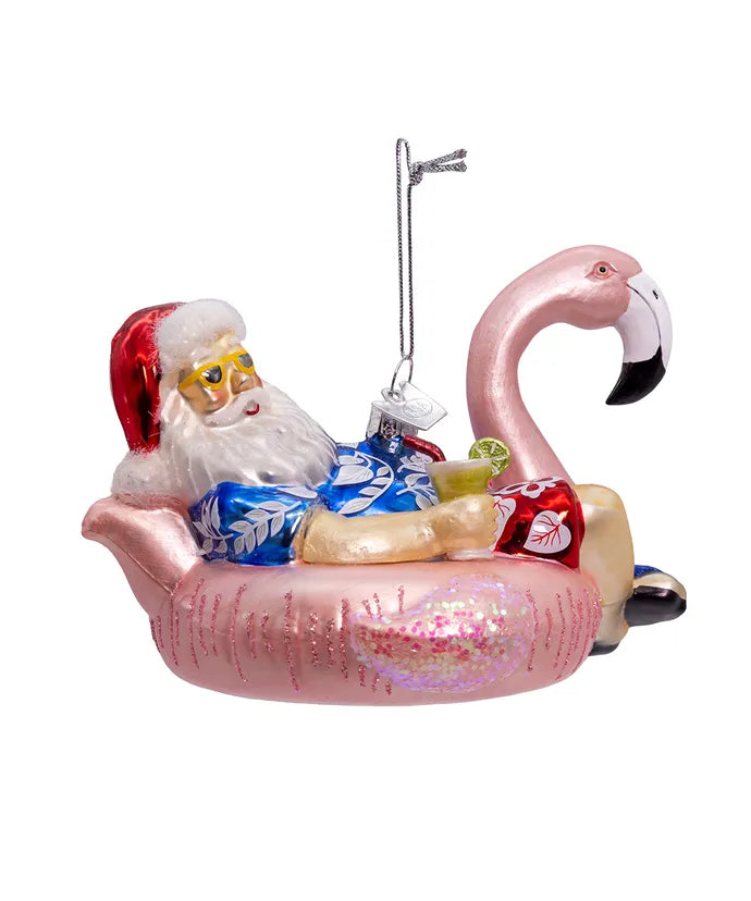 Glass Santa In Flamingo Pool Float Ornament