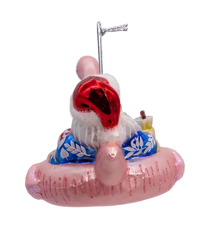 Glass Santa In Flamingo Pool Float Ornament