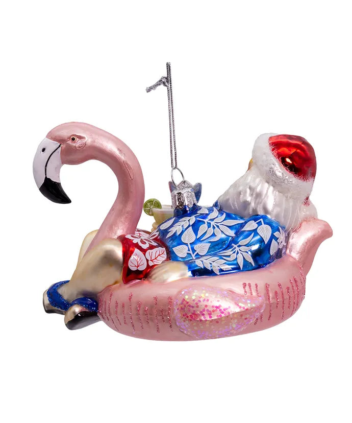 Glass Santa In Flamingo Pool Float Ornament