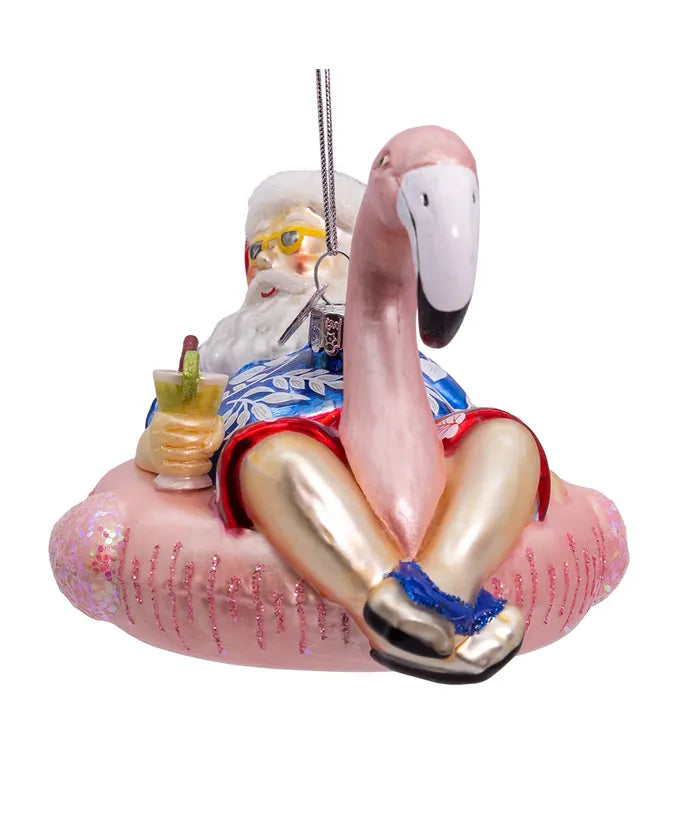 Glass Santa In Flamingo Pool Float Ornament