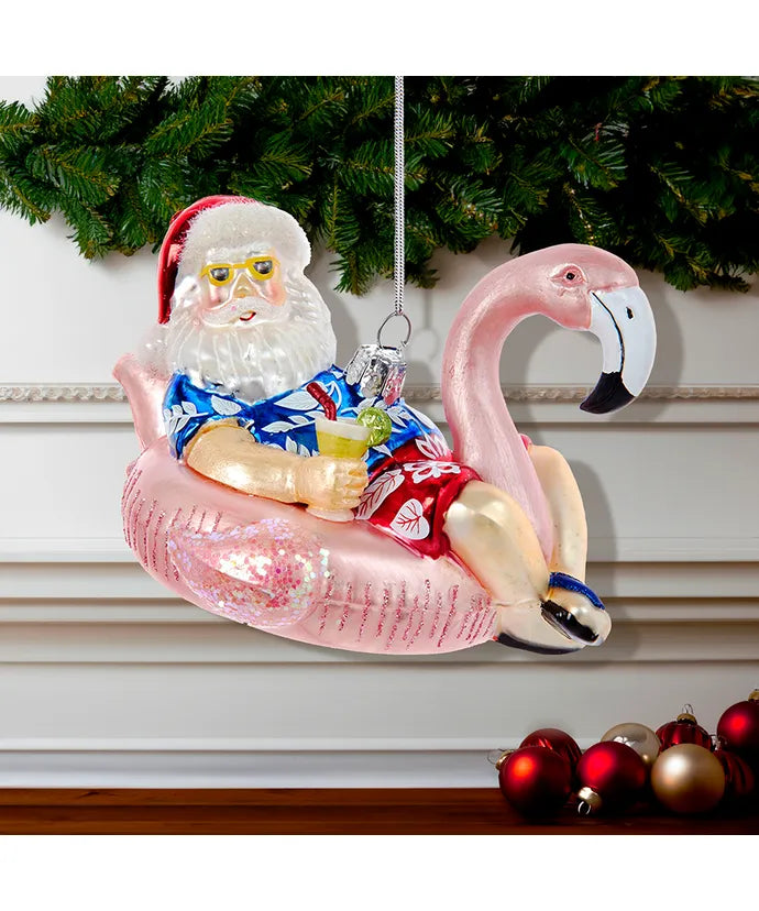 Glass Santa In Flamingo Pool Float Ornament