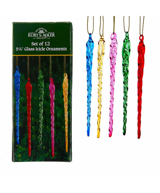 Multicolored Glass Icicle Ornaments, 12-Piece Box