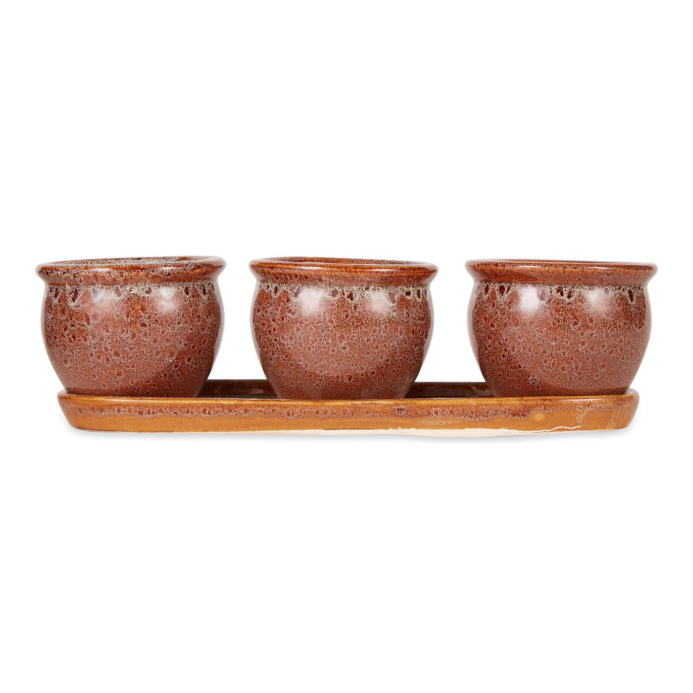 Set of Three Brown Round Ceramic Small Planter