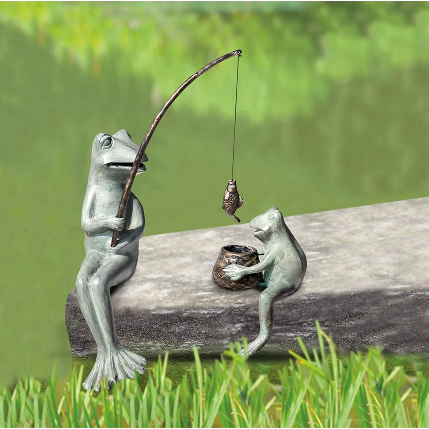Fishing Frog Mama And Baby Garden Sculpture
