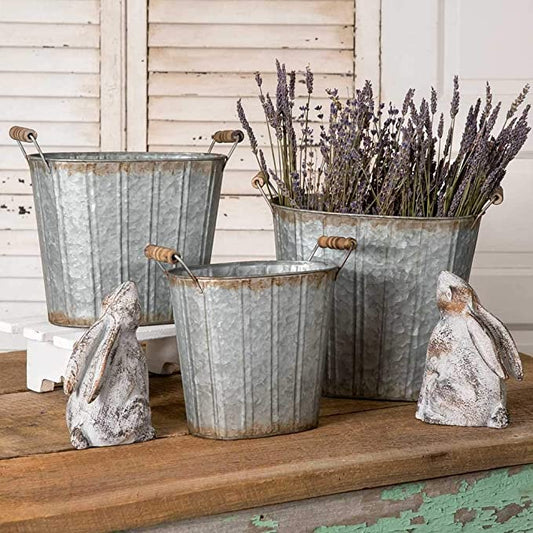 Rustic Farmhouse Decor Tapered Oval Pails With Wood Handles Set Of 3
