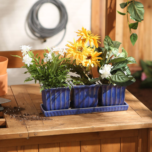 Set of three Blue Square Ceramic Small Planter