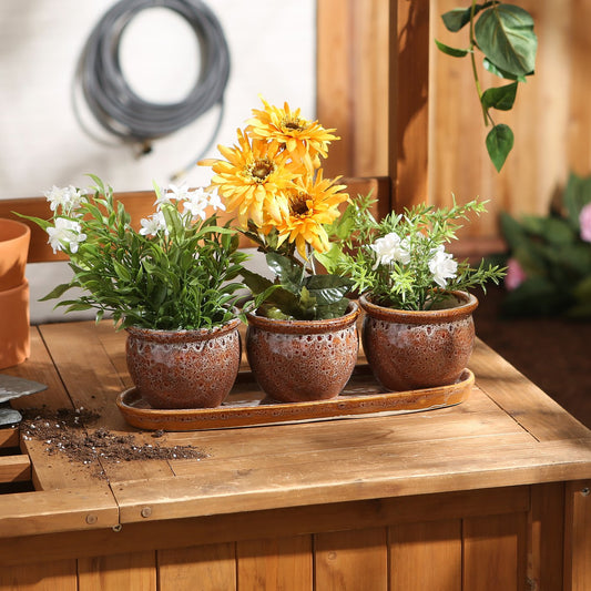 Set of Three Brown Round Ceramic Small Planter