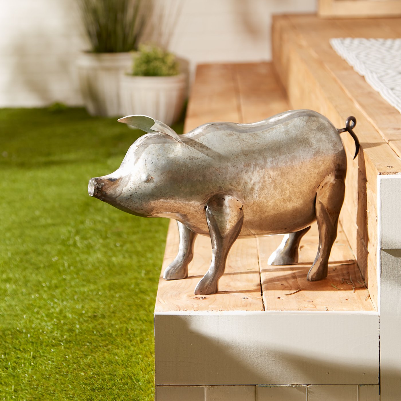 Whimsy Galvanized Pig Sculpture