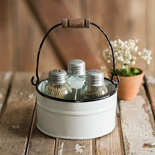 White Round Bucket Salt Pepper And Toothpick Caddy