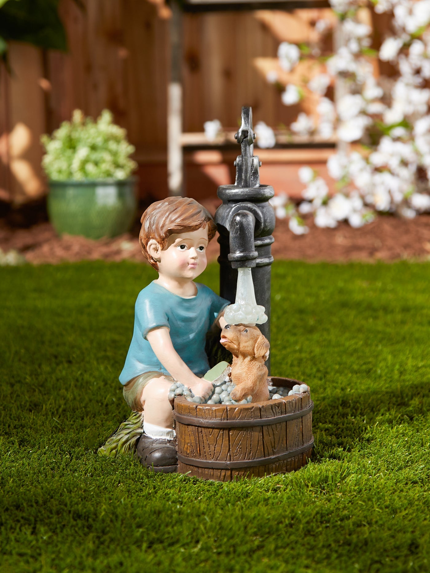 Boy And Dog Solar Garden Statue
