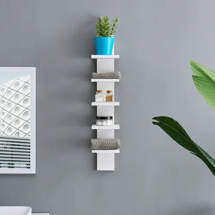 5 Tier Wall Shelf Unit Narrow Smooth Laminate Finish - Vertical Column Shelf