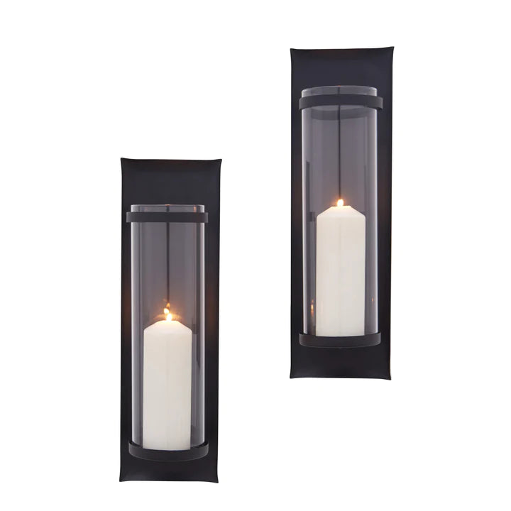 Set Of 2 Metal Pillar Candle Sconces With Glass Inserts