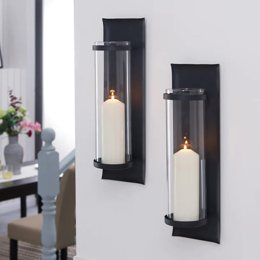 Set Of 2 Metal Pillar Candle Sconces With Glass Inserts
