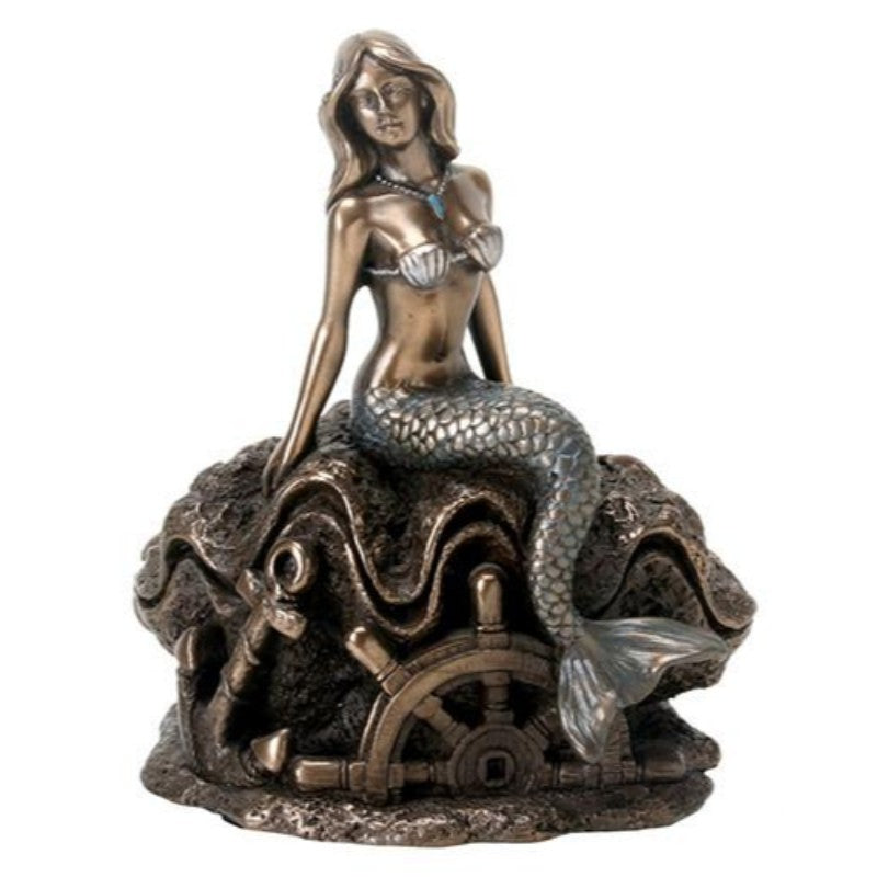 Art Nouveau Bronze Metal Colored Female Mermaid On Ocean Shell Figurine Display